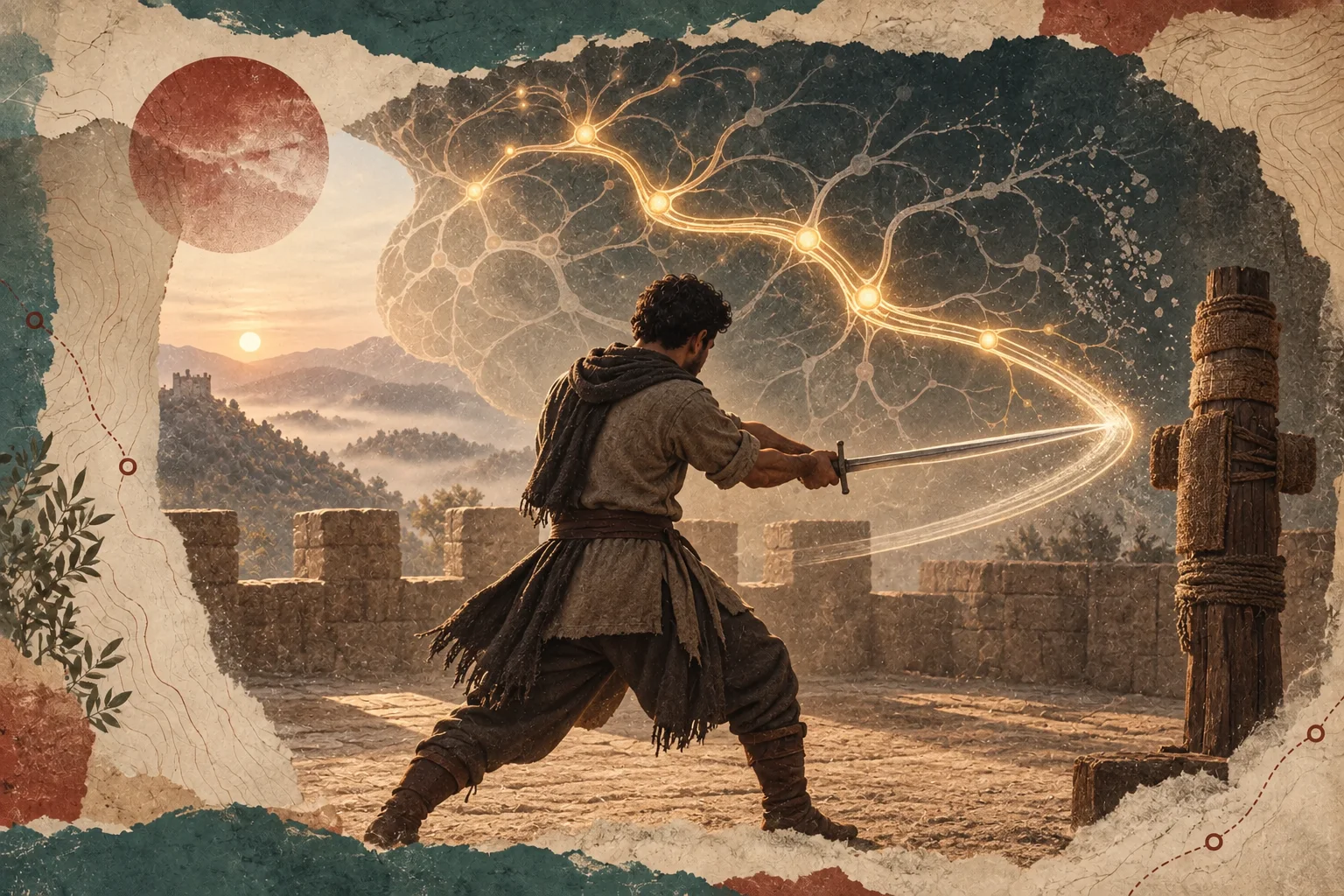 A knight repeating one sword movement as a bright neural pathway grows stronger behind him