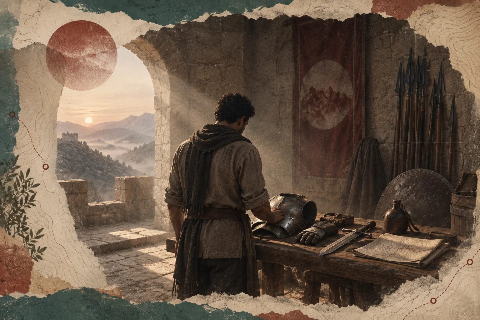 A lone knight preparing his equipment in a quiet armory at dawn