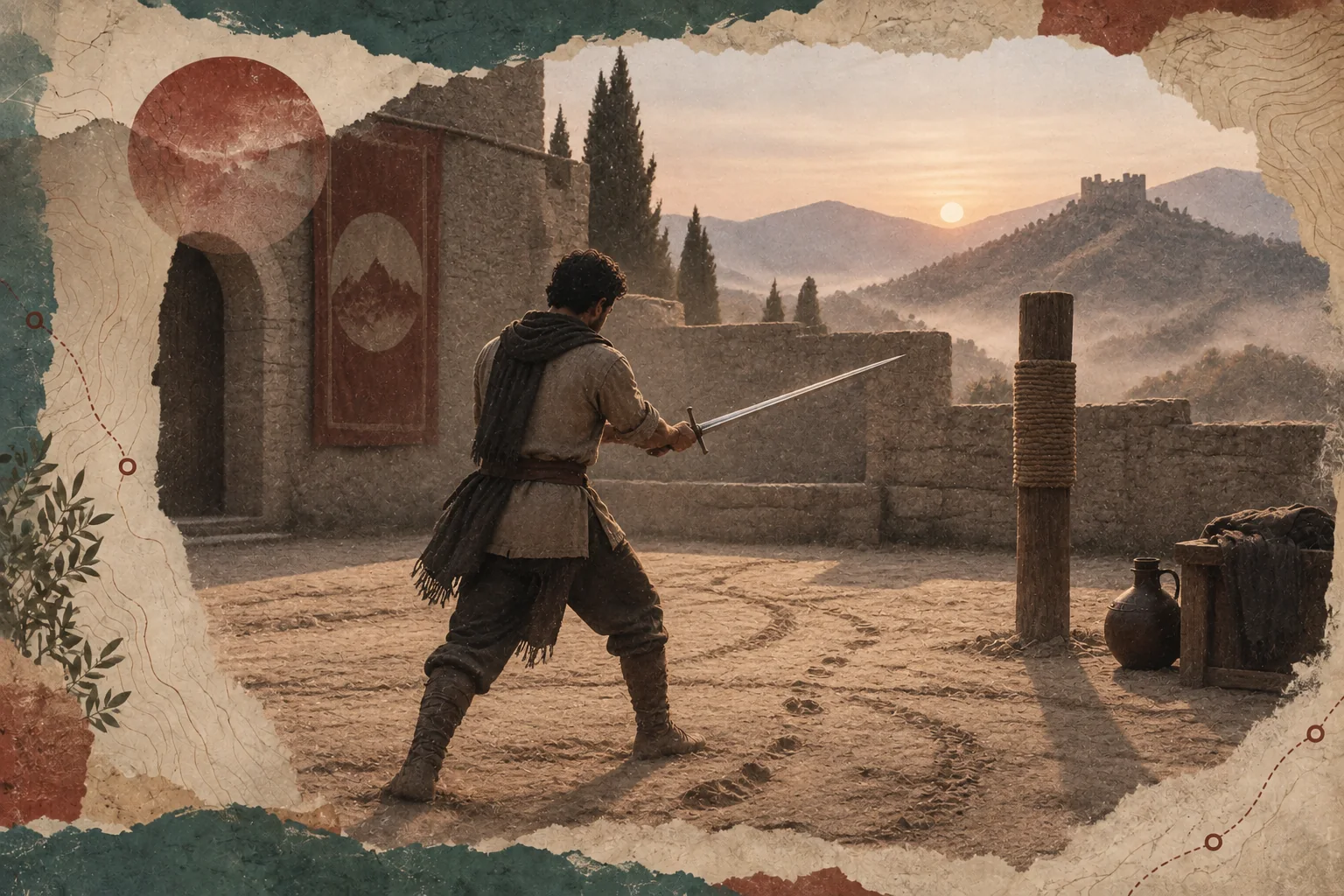 A lone knight practicing a deliberate sword drill in a stone yard at dawn