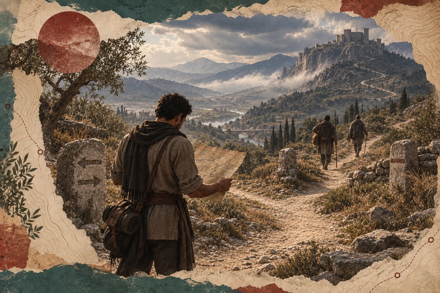 A traveler studying a map where mountain roads divide beneath a distant citadel