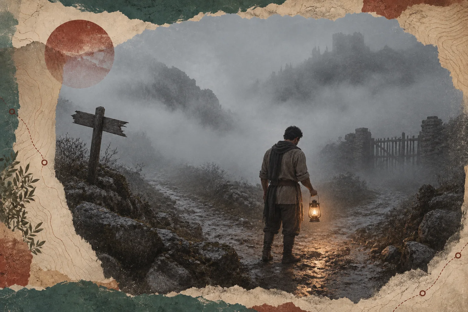 A traveler holding a small lamp where two mountain paths disappear into fog