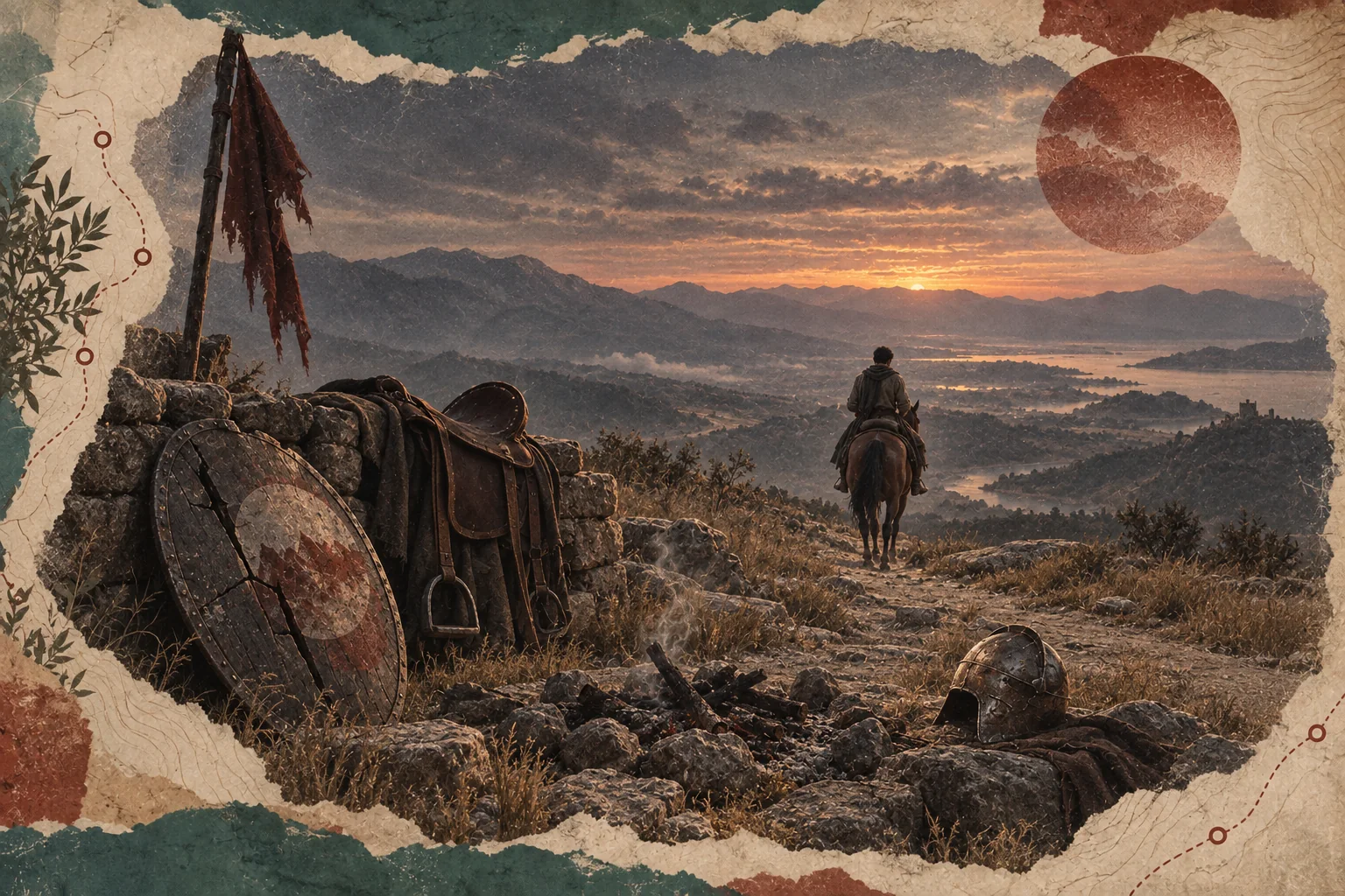 A lone rider continuing toward the horizon past the equipment of absent travelers