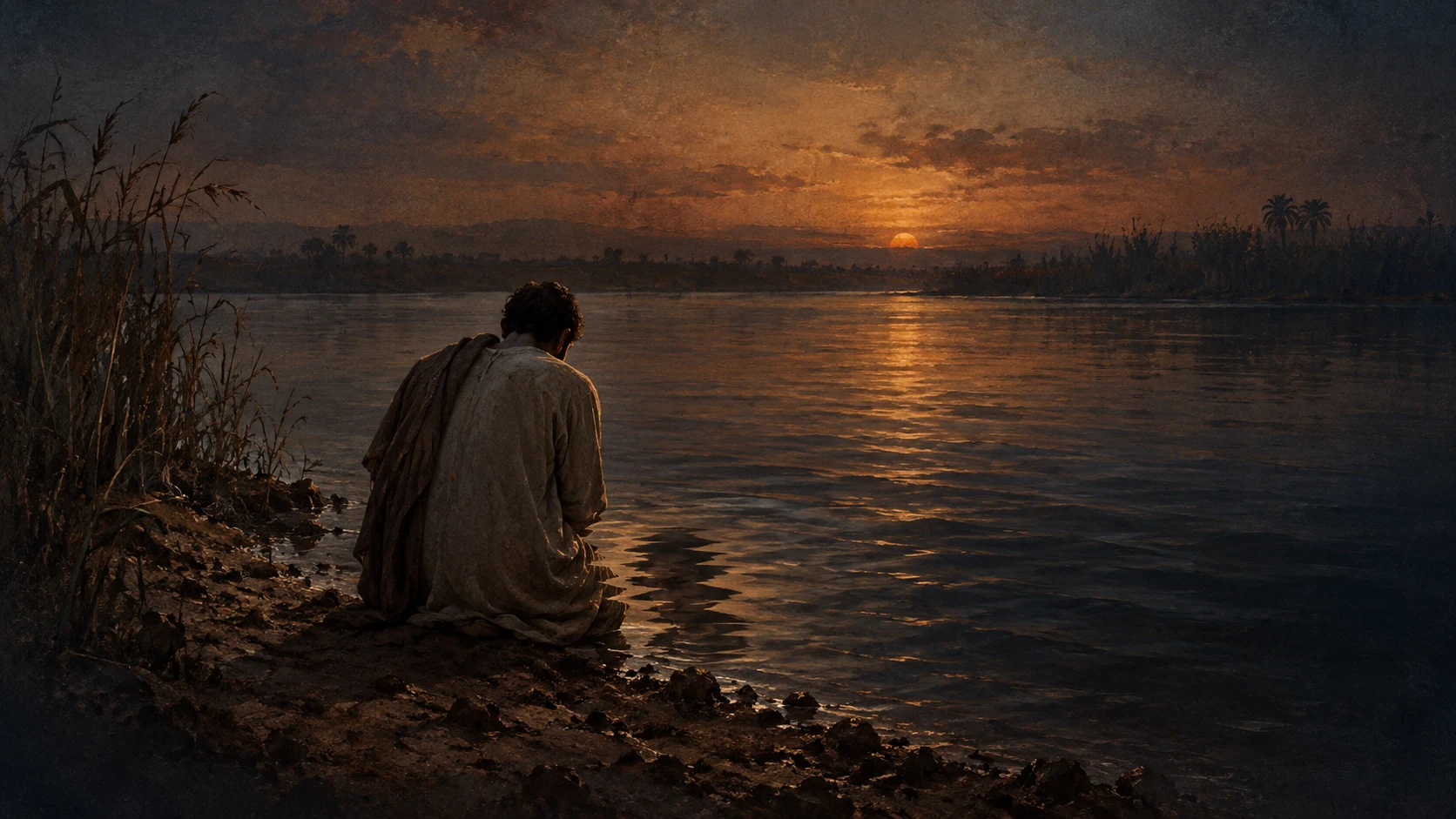 A man seen from behind, kneeling at the edge of the Nile at dusk, his reflection broken by ripples